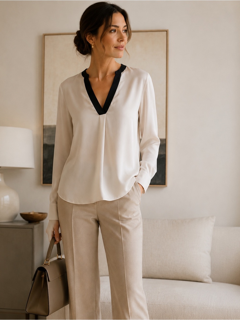 Vince 100% Silk Colorblock Popover Blouse Ivory/Black Trim Size 4 Quiet Luxury